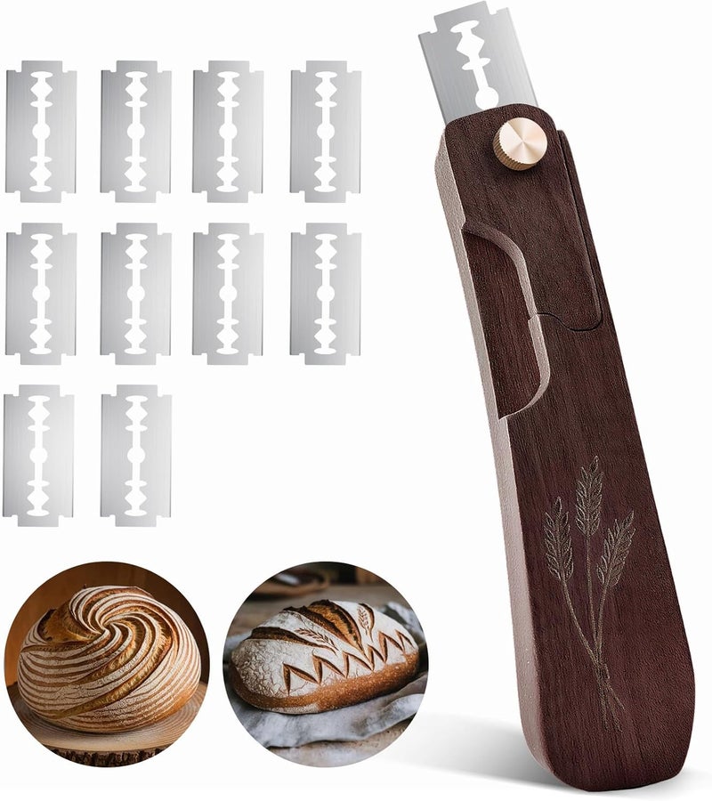 Drcomtruing Premium Wooden Bread Lame, Rotatable Retractable Sourdough Scoring Tool for Artisan Baking, Professional Handcrafted Bread Scoring Tool with Secure Screw Lock & 10 Razor Blades (Black Walnut) - Image 1